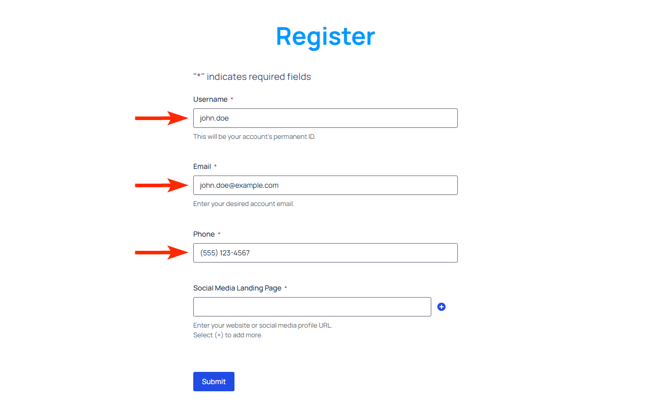 Username, email, and phone registration form fields.